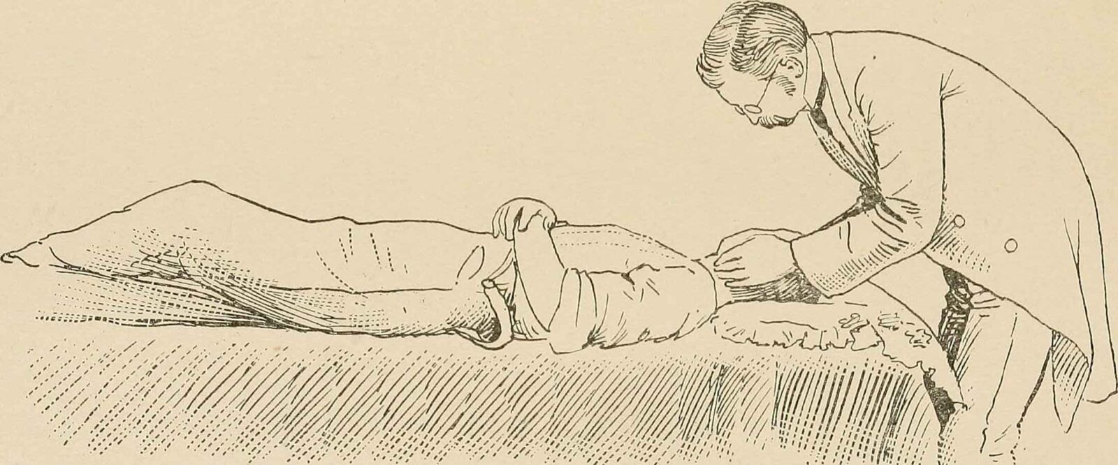 Eine Zeichnung eines Mannes, der auf einem Bett liegt.
